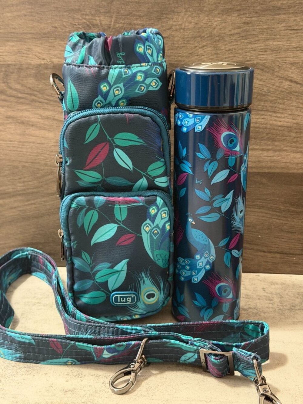 Lug Chuggie Insulated Water Bottle and Huggie Crossbody Bag Set Peacock Multi